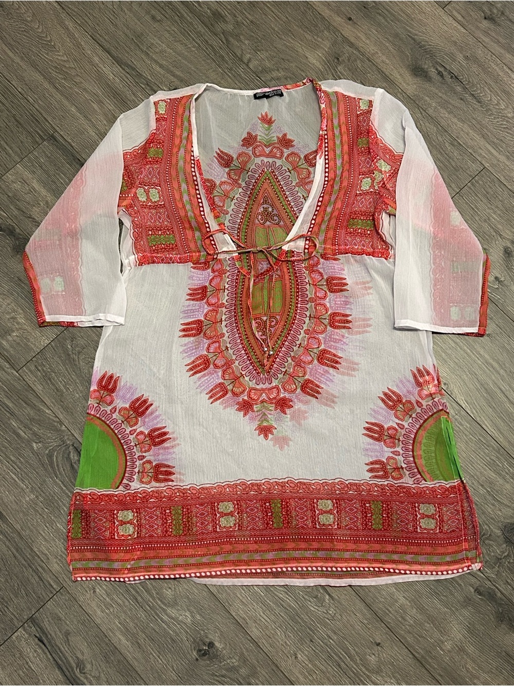 Boho V-Neck Sheer Tunic Coverup Dress in White with Coral & Green